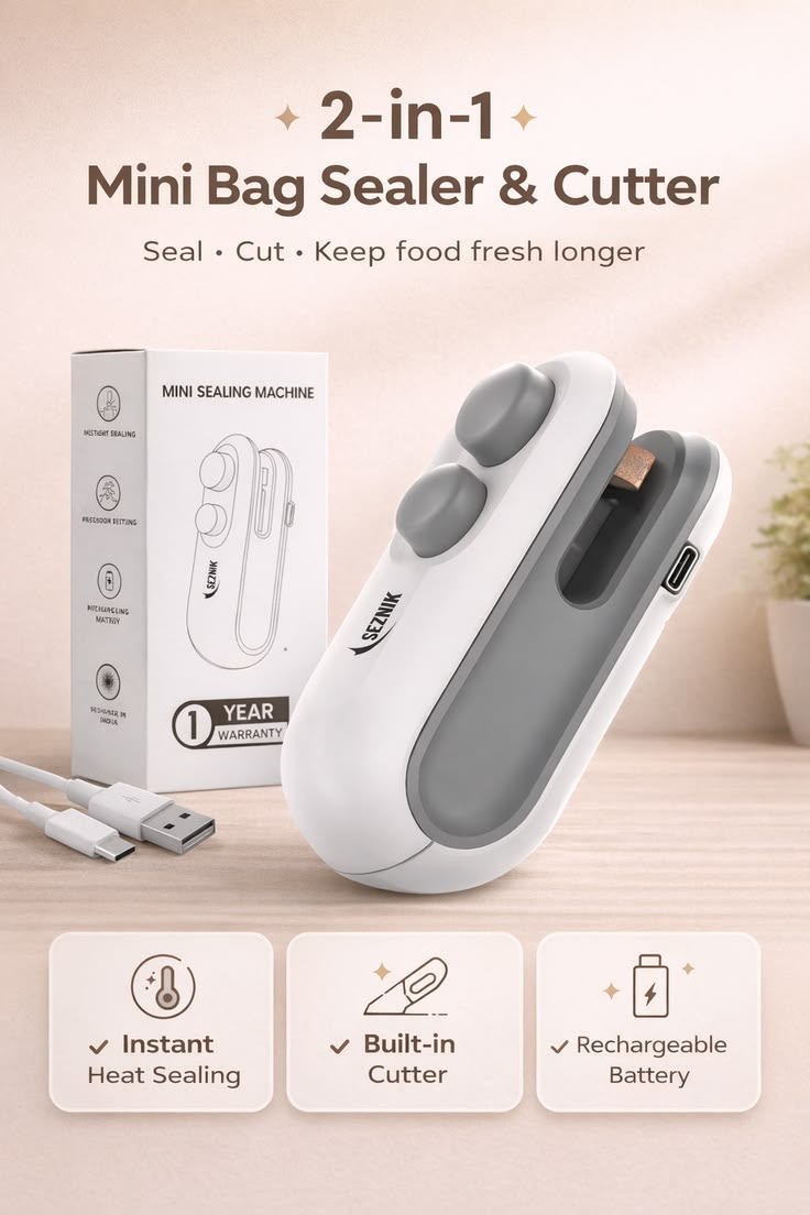 Portable Plastic Bag Sealing Machine | Construx Mini Bag Sealer with Cutter and Magnet